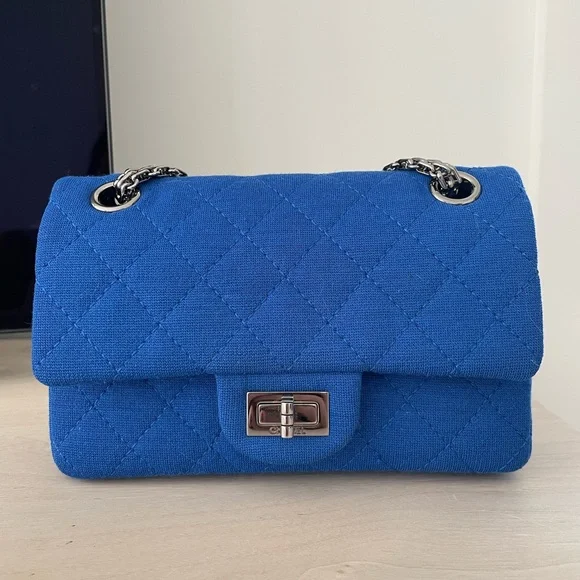 CHANEL 2.55 Mini Blue Quilted Cloth Shoulder Crossbody Bag - Picture 2 of 14